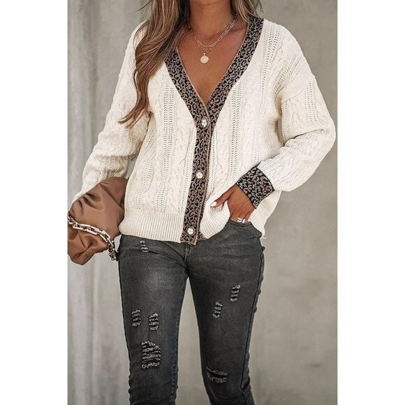 Vintage-Style cable Knit Cardigan With Leopard Print Trim Pearl Buttons S brown - Picture 1 of 5